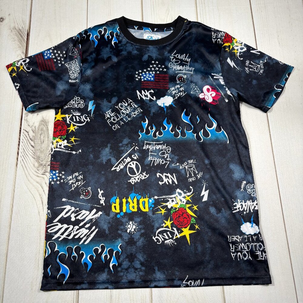 Fresh Prints of Bel Air Men’s Large Graffiti Black T-Shirt Streetwear Drip NYC